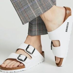 Birkenstock Arizona EU40 White Leather Sandals with Silver Buckles